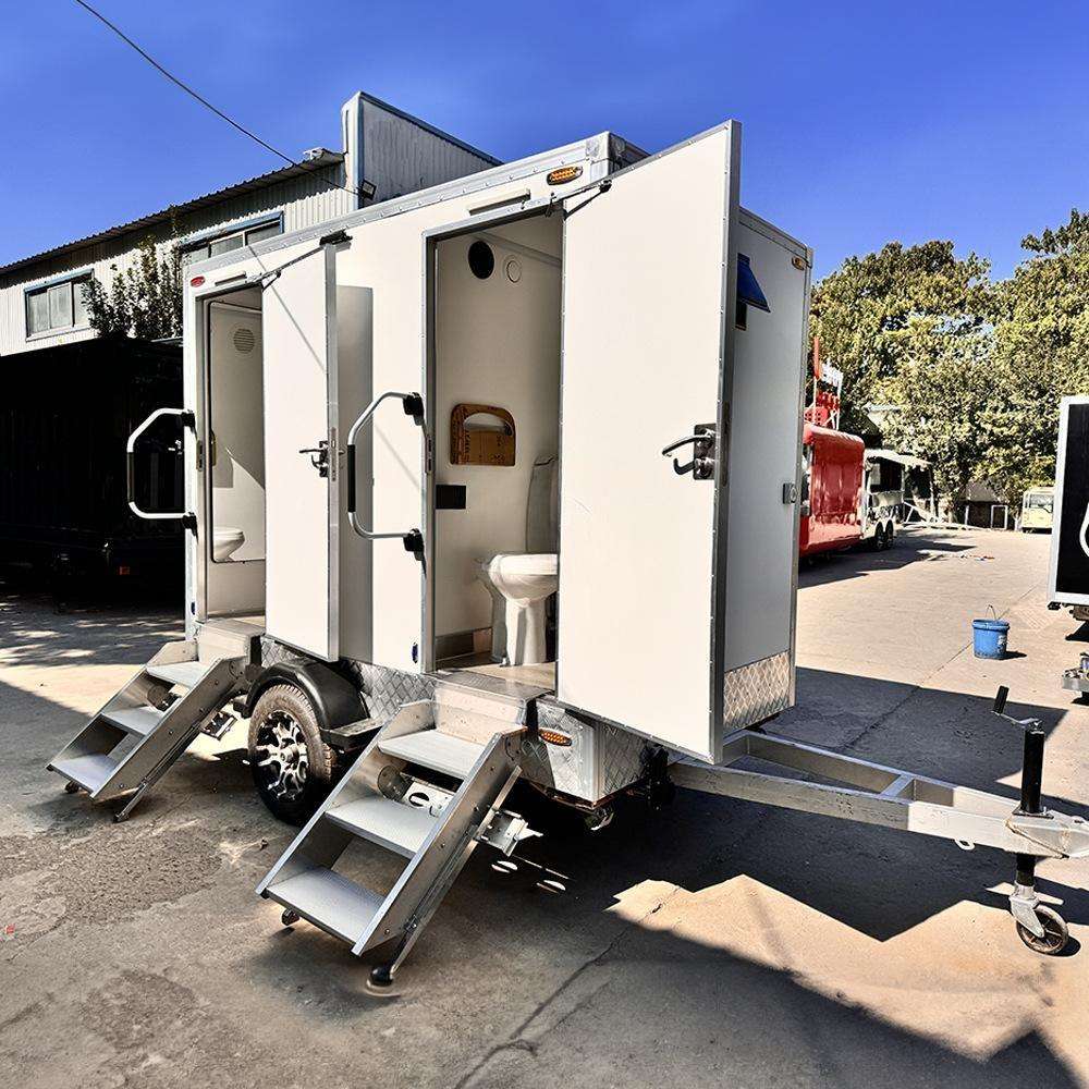 Custom Modern Steel Double White Toilet Trailer Environmental Protection Mobile Outdoor House Toilet