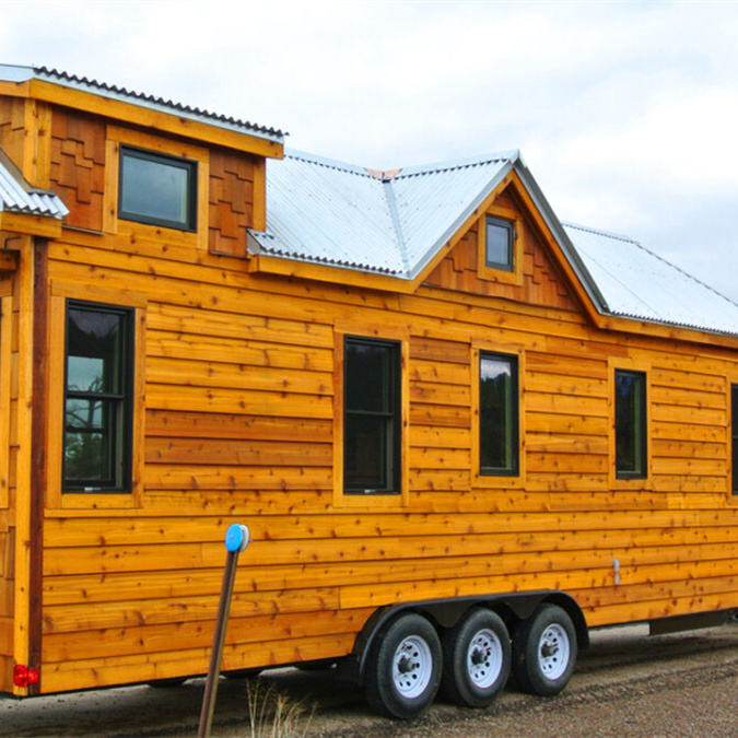 Mobile Trailer Tiny House Modern Prefab Home Portable Modular Cabin on Wheels Wooden Kitchen Bathroom Sleeping Space Living Use