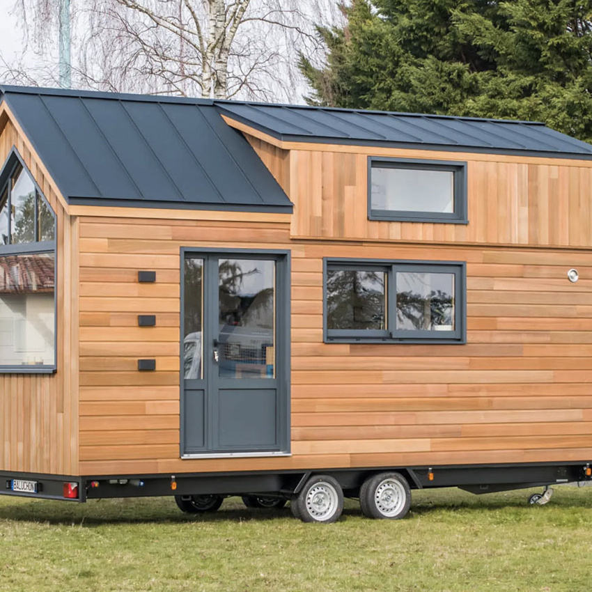 Mobile Trailer Tiny House Modern Prefab Home Portable Modular Cabin on Wheels Wooden Kitchen Bathroom Sleeping Space Living Use