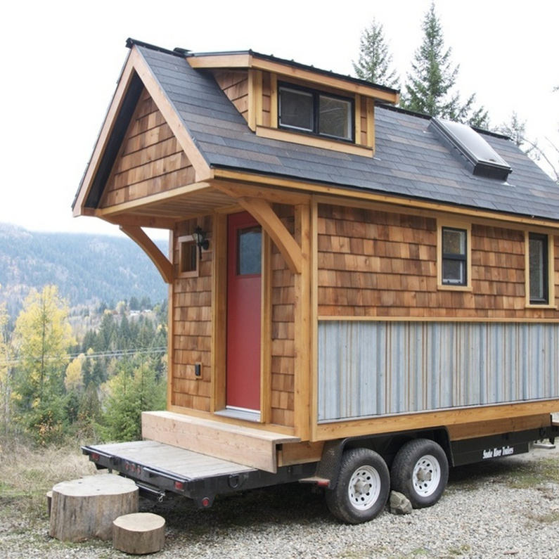 Mobile Trailer Tiny House Modern Prefab Home Portable Modular Cabin on Wheels Wooden Kitchen Bathroom Sleeping Space Living Use