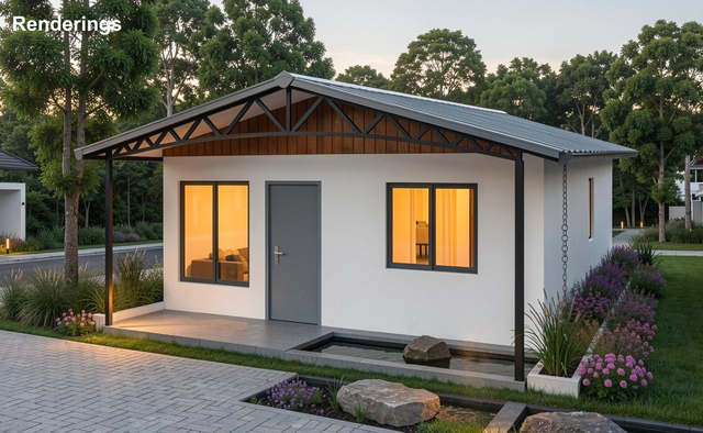 Modular house with precast reinforced concrete walls and light‑steel roof.